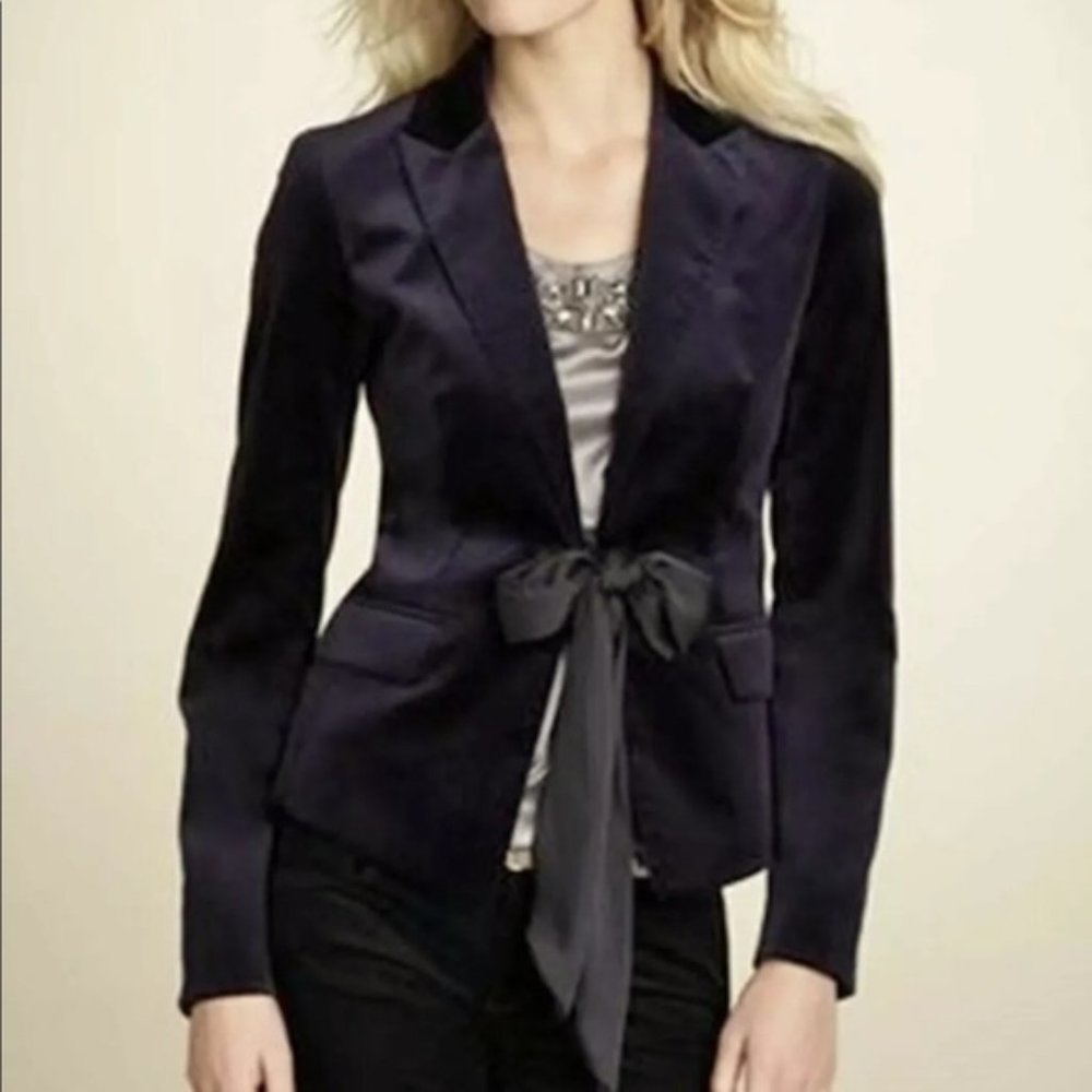 Ann Taylor Night & Day Black Velvet Blazer Jacket Bow Tie Front Petite